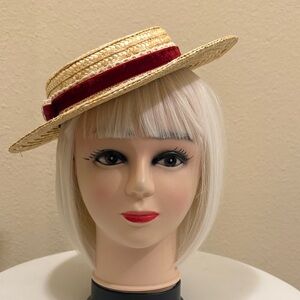 #250. Straw Boater Hat with Red Velvet Band